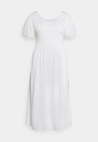 Vestido branco com corpete franzido, mangas curtas em balão e saia fluida em linha A, feito de um tecido leve com uma textura suave.