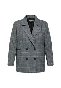 Blazer gris à carreaux à double boutonnage avec un col cranté, des boutons noirs et des poches avant sur fond blanc.