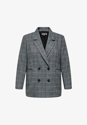 Dobbeltbrystet grå plaid blazer med skrå lapeller, sorte knapper og forlommer på en hvid baggrund.