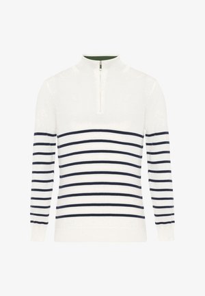 Biały sweter na zamek błyskawiczny z granatowymi poziomymi paskami. Posiada zieloną podszewkę kołnierza oraz długie rękawy z prążkowanymi mankietami i dołem.