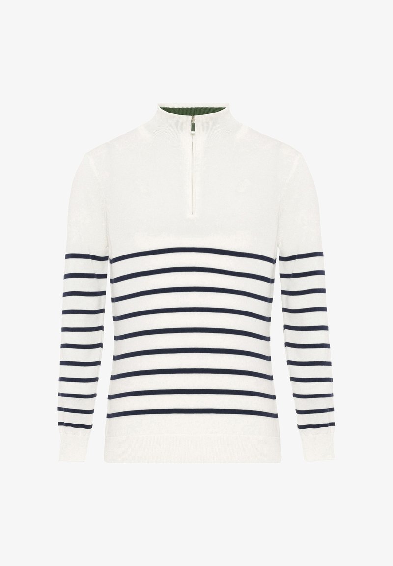 Sweat à zip blanc avec des rayures horizontales bleues marine. Doté d'une doublure de col verte et de manches longues avec des poignets et un ourlet côtelés.