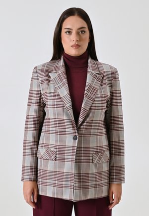 Glencheck-Blazer in Grau, Burgunderrot und Creme mit zwei Vorderaschen, einem Ein-Knopf-Verschluss und Reverskragen. Glatte Textur.