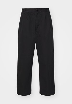 Pantalones de algodón negros con corte recto, con cierre de botón, dos bolsillos delanteros y una textura suave.