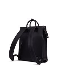 Black backpack made of synthetic material, featuring two shoulder straps, a top handle, and zippered side pocket. Simple, rectangular design.