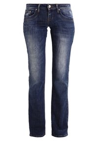 Jeansy z ciemnoniebieskiego denimu o prostych nogawkach, z efektem wyblakłego prania, przednimi kieszeniami i subtelnymi detalami przeszyć. Wyposażone w metalowy guzik i zamek błyskawiczny.