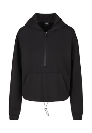 Musta kapuutsiga svetari, millel on lukuga esiosa, lühike disain, känguru-tasku, reguleeritav alläär ja soonikkoes varrukad. Sile kangastekstuuri.