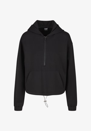 Černá mikina s kapucí, se zapínáním na zip, zkráceným střihem, klokaní kapsou, stahovací šňůrkou na spodním lemu a žebrovanými manžetami. Hladká textilie.