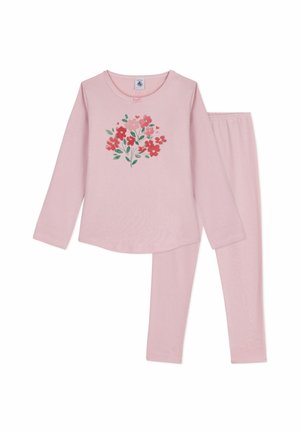 Rosa Langarm-Schlafanzugset mit einem floralen Druck in rot und rosa auf dem Oberteil, dazu passende rosa Hose mit elastischem Bund. Weiches Material.