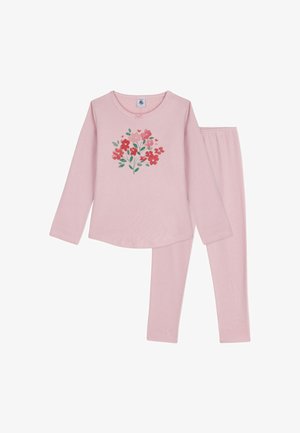 Conjunto de pijama de manga longa rosa com estampado floral em tons de vermelho e rosa na parte de cima, acompanhado de calças elásticas rosa à combinação. Material suave.