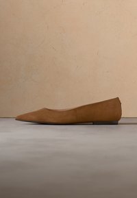 Une chaussure plate en daim marron à bout pointu, exposée sur une surface grise avec un fond texturé beige.