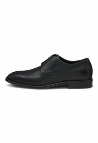 Black leather dress shoe featuring a smooth finish, rounded toe, and five eyelet lace-up design with subtle stitching accents.