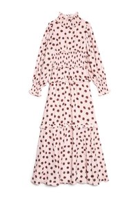 Φλοράλ φόρεμα σε απαλό ροζ με σκούρες καφέ βούλες. Διαθέτει ψηλό, βολβώδες γιακά, μακριά μανίκια και πολυεπίπεδη, αέρινη φούστα.