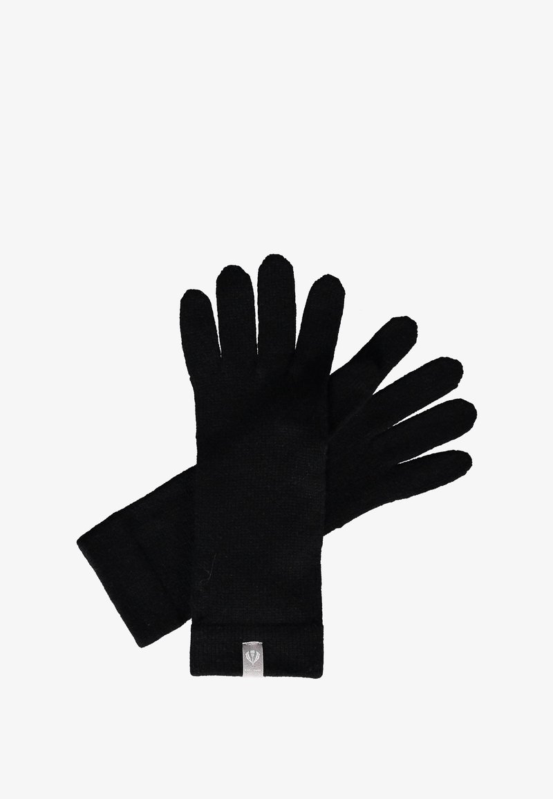 Black knit gloves with five fingers, featuring a snug fit and ribbed cuffs. Includes a small logo tag on the wrist. Soft texture.
