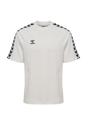 Hvid kortærmet sportstrøje med sorte Chevron-striber på skuldrene og et lille sort hummel-logo på venstre bryst.