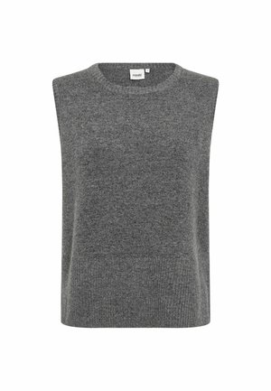 Sleeveless grey knitted sweater vest with a round neckline and a Wasabi Concept label on the inside collar.