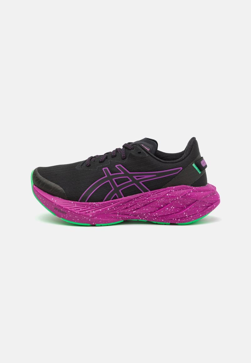 Black athletic shoes with purple detailing, textured upper, and a distinctive wavy pink sole with green accents and speckled finish.