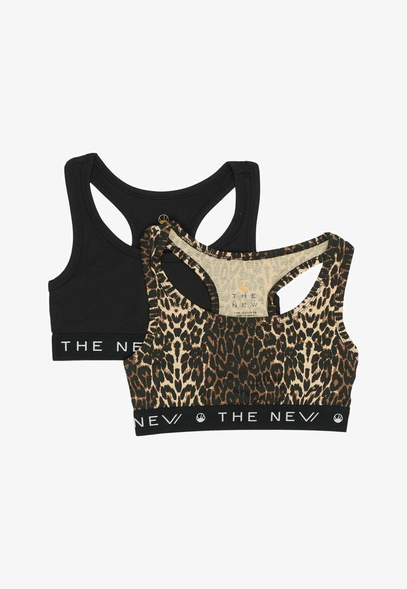 Du dušo sportiniai liemenėlės: viena vientisa juoda, kita leopardų rašto. Abu turi plačią elastinę juostą su tekstu "Nauja" ir sportinio stiliaus atvira nugarėlė.