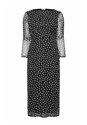 Abito nero a pois realizzato in tessuto trasparente, con maniche a tre quarti e un corpetto aderente, caratterizzato da un delicato design arricciato.