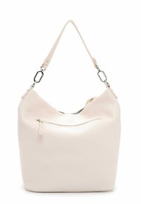 Sac à main beige clair en cuir texturé, avec une bandoulière simple, des accessoires en argent, et une poche zippée à l'avant. Forme courbée avec des lignes douces.