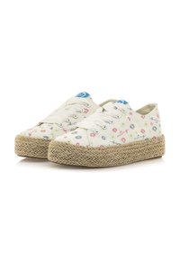 Zapatos de lona ligeros con un patrón floral crema, suelas de goma y detalles de cuerda de yute. Cuentan con cordones blancos y una etiqueta de logo azul.