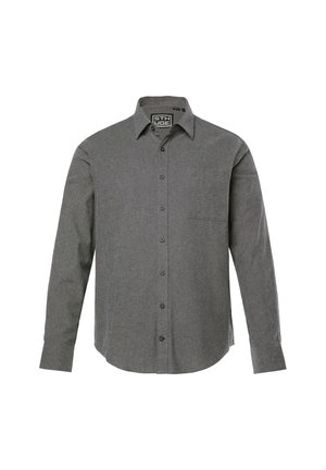 Graues Langarmhemd aus Stoff mit strukturiertem Finish. Verfügt über eine Knopfleiste, einen Kragen und eine einzelne Brusttasche.