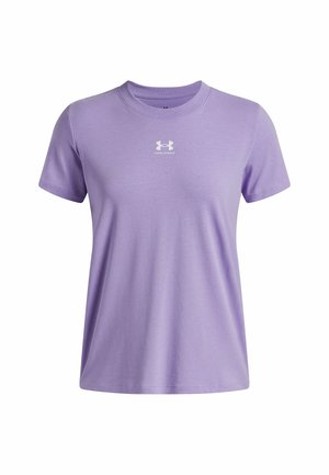 Lilac cotton t-shirt with short sleeves, crew neck, and white logo on the chest. Soft texture and relaxed fit.