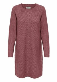 Strickkleid in staubigem Rosé mit einem strukturierten, diagonalen Muster, Rundhalsausschnitt und langen Raglanärmeln. Weicher Stoff mit einer lockeren Passform.