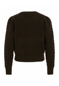 Maglione marrone scuro lavorato a maglia con maniche lunghe a sbuffo e orli a costine, mostrato dal retro su uno sfondo bianco.