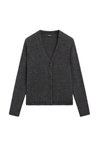 Dark gray cardigan made from textured knit fabric. Features a V-neck, four buttons down the front, and ribbed cuffs and hem.