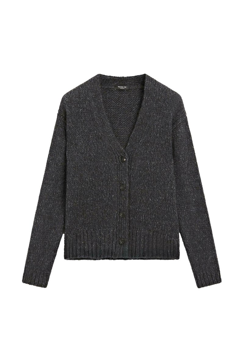 Dark gray cardigan made from textured knit fabric. Features a V-neck, four buttons down the front, and ribbed cuffs and hem.