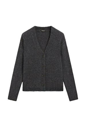 Tmavě šedý cardigan vyrobený z texturované pleteniny. Má výstřih do V, čtyři knoflíky na přední části a žebrované manžety a lem.