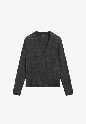 Dark gray cardigan made from textured knit fabric. Features a V-neck, four buttons down the front, and ribbed cuffs and hem.