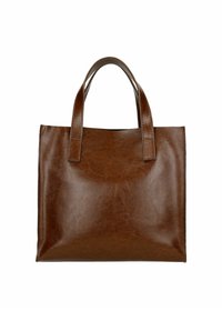 Borsa a tote in pelle marrone con due manici piatti. Texture liscia, forma rettangolare e senza hardware o decorazioni visibili.