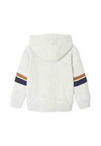 Light gray hooded sweatshirt with a soft texture, featuring multicolored stripes in orange and navy blue along the sleeves.