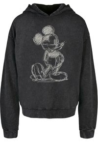 Sudadera negra con una ilustración de estilo tiza de un personaje de dibujos animados en blanco en la parte frontal. La tela parece suave y ligeramente texturizada.