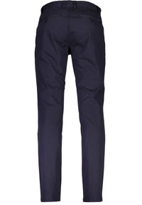 Marineblaue Baumwoll-Chambray-Hosen mit schmaler Passform, ausgestattet mit zwei Gesäßtaschen mit Knöpfen und einer glatten Textur.