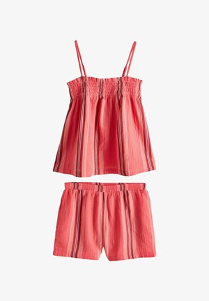 Girls' two-piece outfit with coral pink striped sleeveless top featuring smocked neckline and matching elastic waist shorts.