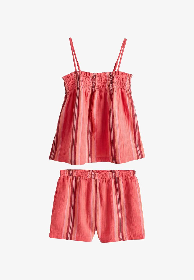 Ensemble deux pièces pour filles comprenant un haut sans manches à rayures corail avec un col smocké et un short assorti à taille élastique.
