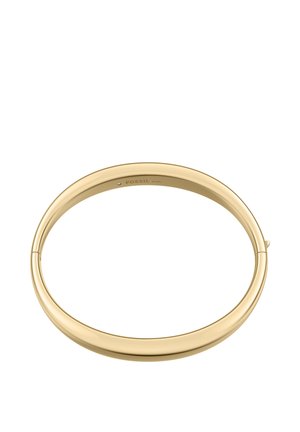 Smooth gold-tone stainless steel bracelet with hinge clasp, oval shape, and subtle engraved Fossil logo on the inner side.