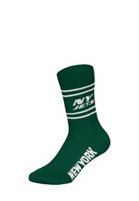 Zelené ponožky s bílými pruhy a nápisy "NY JETS" a "NEW YORK". Žebrovaný vzor, délka ke kopačkám, vyrobené z elastické látky.