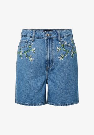 Plave traper kratke hlače s cvjetnim vezom sprijeda, kopčanjem na dugme i patentnim zatvaračem te prednjim džepovima.