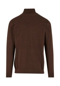 Brauner langärmeliger Rollkragenpullover mit gerippten Bündchen und Saum, von hinten auf einem weißen Hintergrund gezeigt.