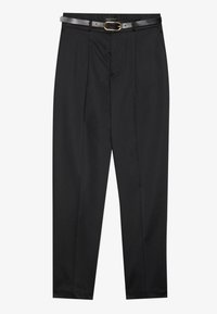 Black trousers with a smooth fabric, featuring a fitted waistband and a textured grey belt with a gold buckle. Slightly tapered legs.