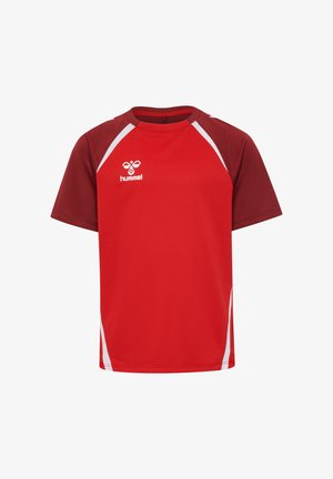 Maglietta sportiva rossa a maniche corte, con tessuto testurizzato, strisce bianche e un logo sul davanti.