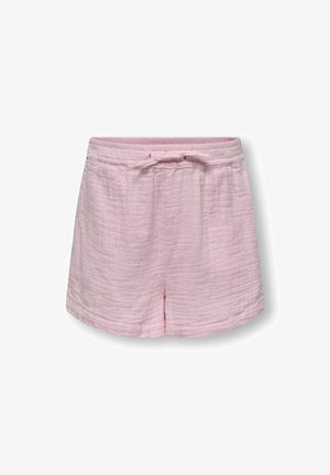 Light pink cotton shorts with an elastic waistband and drawstring, featuring a textured fabric with a slightly crinkled appearance.