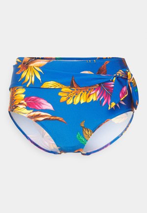 Parte de baixo de biquíni de cintura alta em azul vibrante com um padrão floral em amarelo, rosa e verde. Apresenta um design envolvente com um laço lateral.