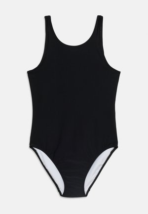 Czarny jednoczęściowy kostium kąpielowy z zaokrąglonym dekoltem i średnim wycięciem na nogi, przedstawiony na płasko na białym tle.