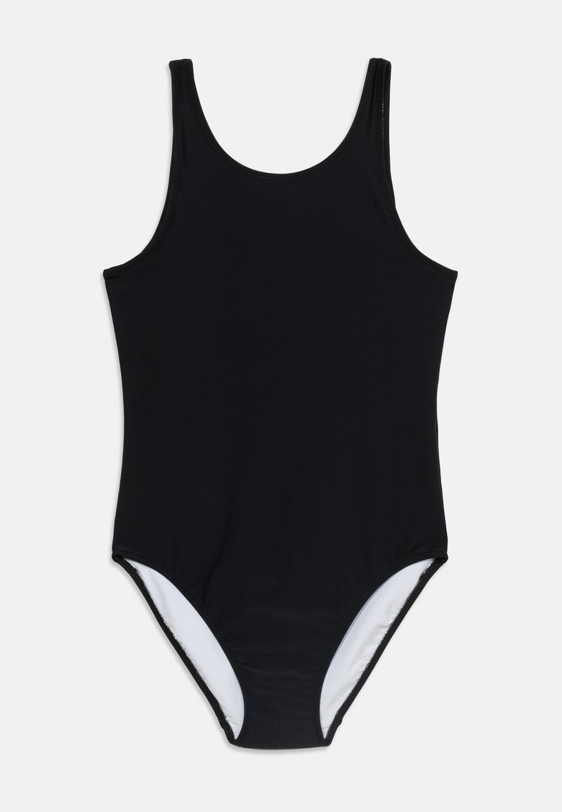 Μαύρο ολόσωμο μαγιό με στρογγυλή λαιμόκοψη και μέτριο κόψιμο στα πόδια, παρουσιάζεται απλωμένο σε λευκό φόντο.