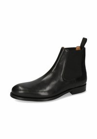 Botín Chelsea de cuero negro con paneles laterales elásticos, punta redonda y una asa en la parte trasera. Textura suave con un tacón bajo.