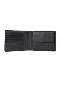 Black leather wallet with a textured finish, featuring multiple card slots, a central compartment, and a minimalistic design.